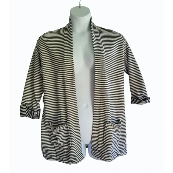 Women’s LOFT Black Striped Open Front Mid Sleeve Cardigan Sweater Shacket  MED - Picture 1 of 4
